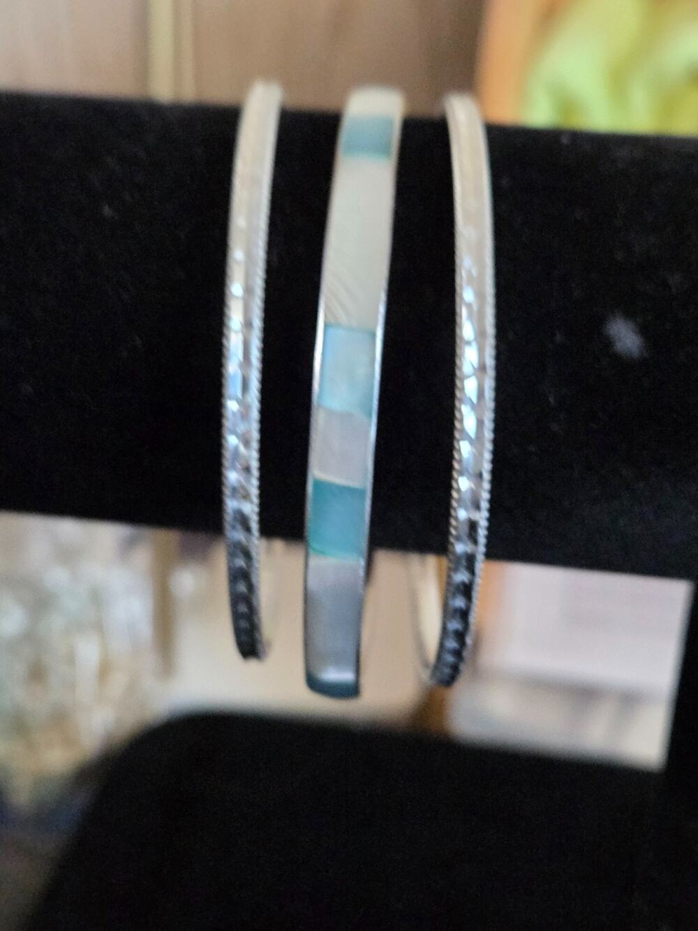 Set of 3 Silver-Tone Stackable Bangle Bracelets Rhinestone Mosaic #EAB2